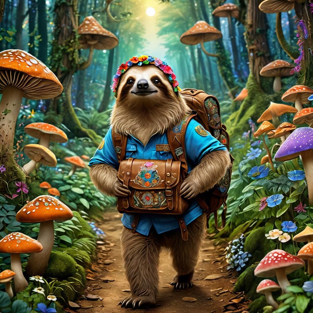 Hippie Sloth Traveler in Magical Forest