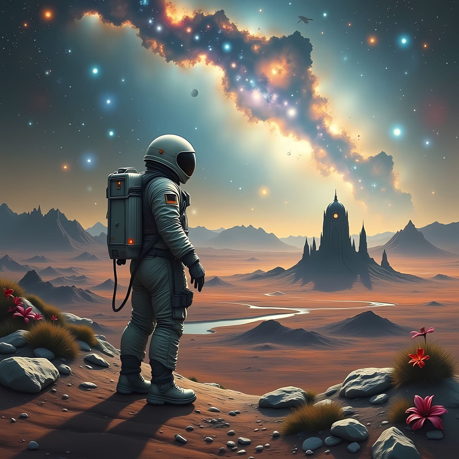 Astronaut on Alien Planet in Romantic Style