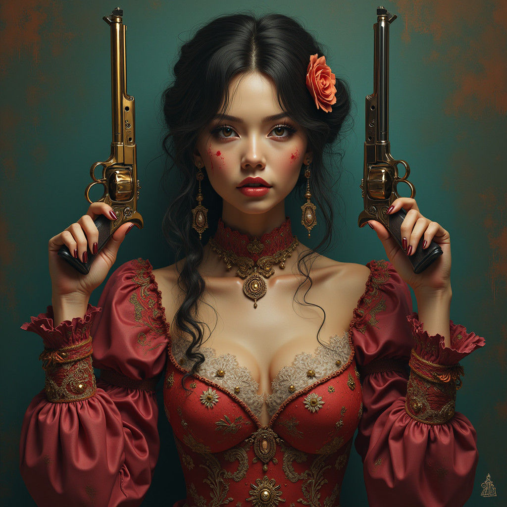 Woman with Bloody Weapons: Hyperrealistic Digital Portrait