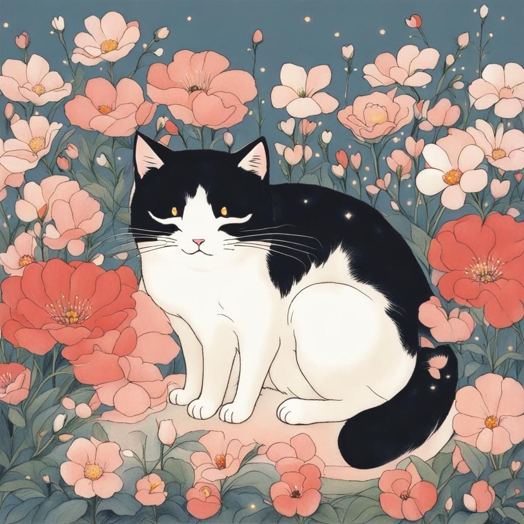 Isao Takahata in Whimsical Floral Landscape with Cute Cat