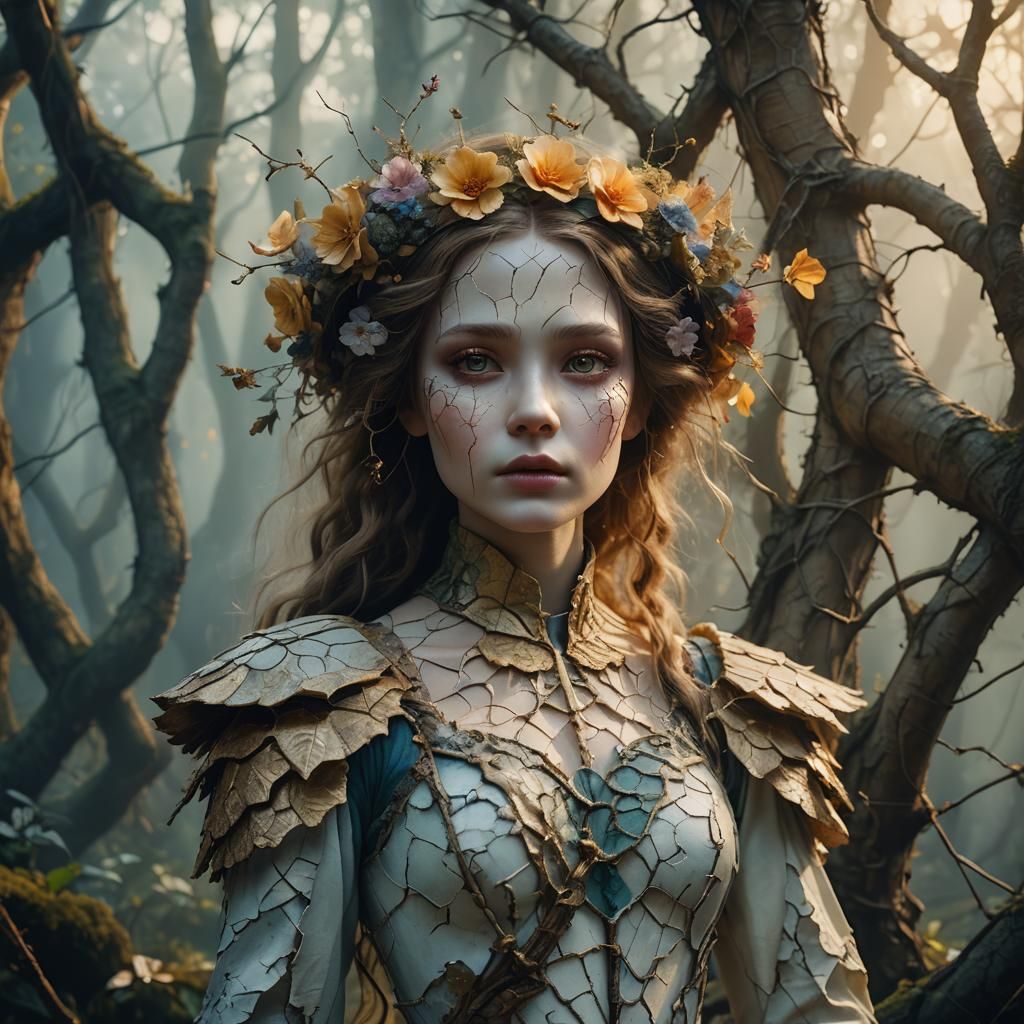 Cracked Porcelain Woman in Forest, Digital Art
