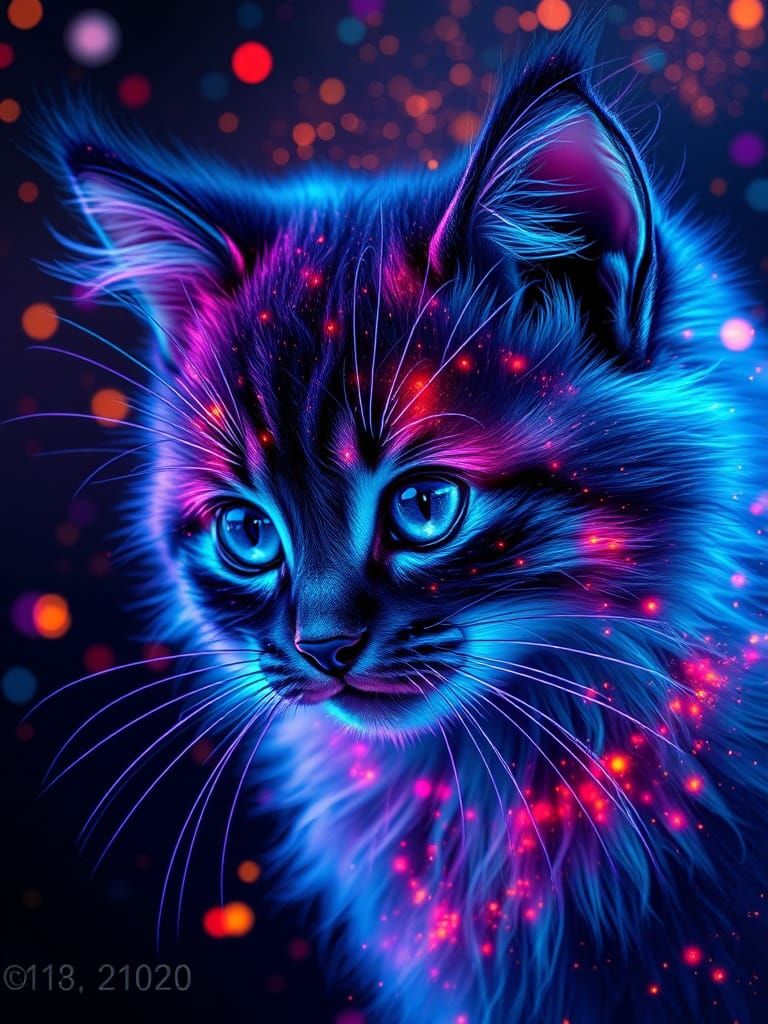 Glowing Digital Kitten Face in Explosive Cosmic Art