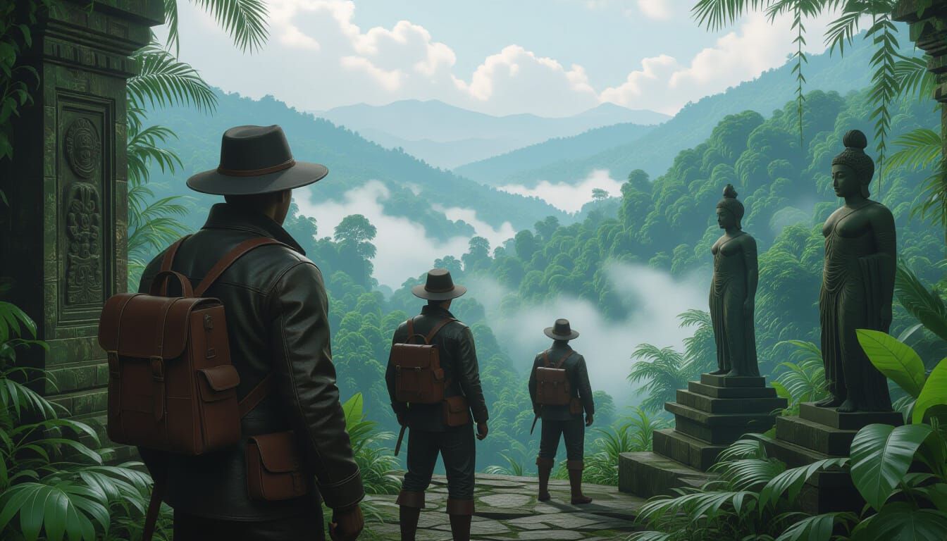 European Explorers in Misty Jungle