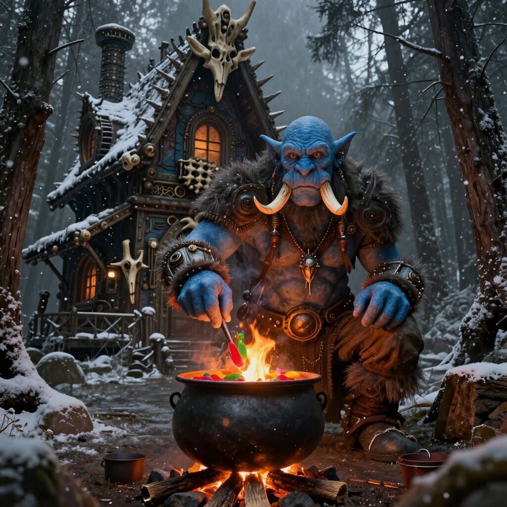 Blue Troll Shaman Brews Potion in Steampunk House