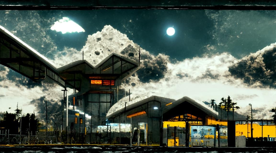 Moon Base Train Station Under Shattered Skies