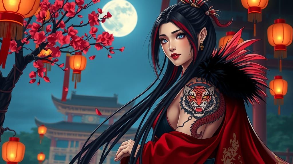 Chinese Warrior Woman with Dragon Tattoo in Palace