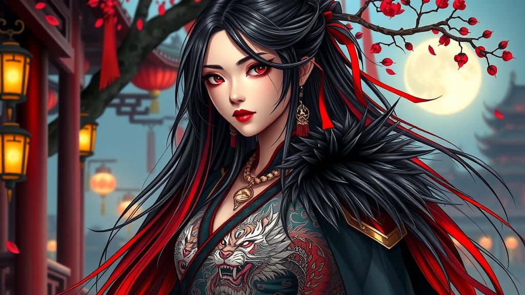 Dragon Tattooed Woman in Chinese Palace, Anime Style