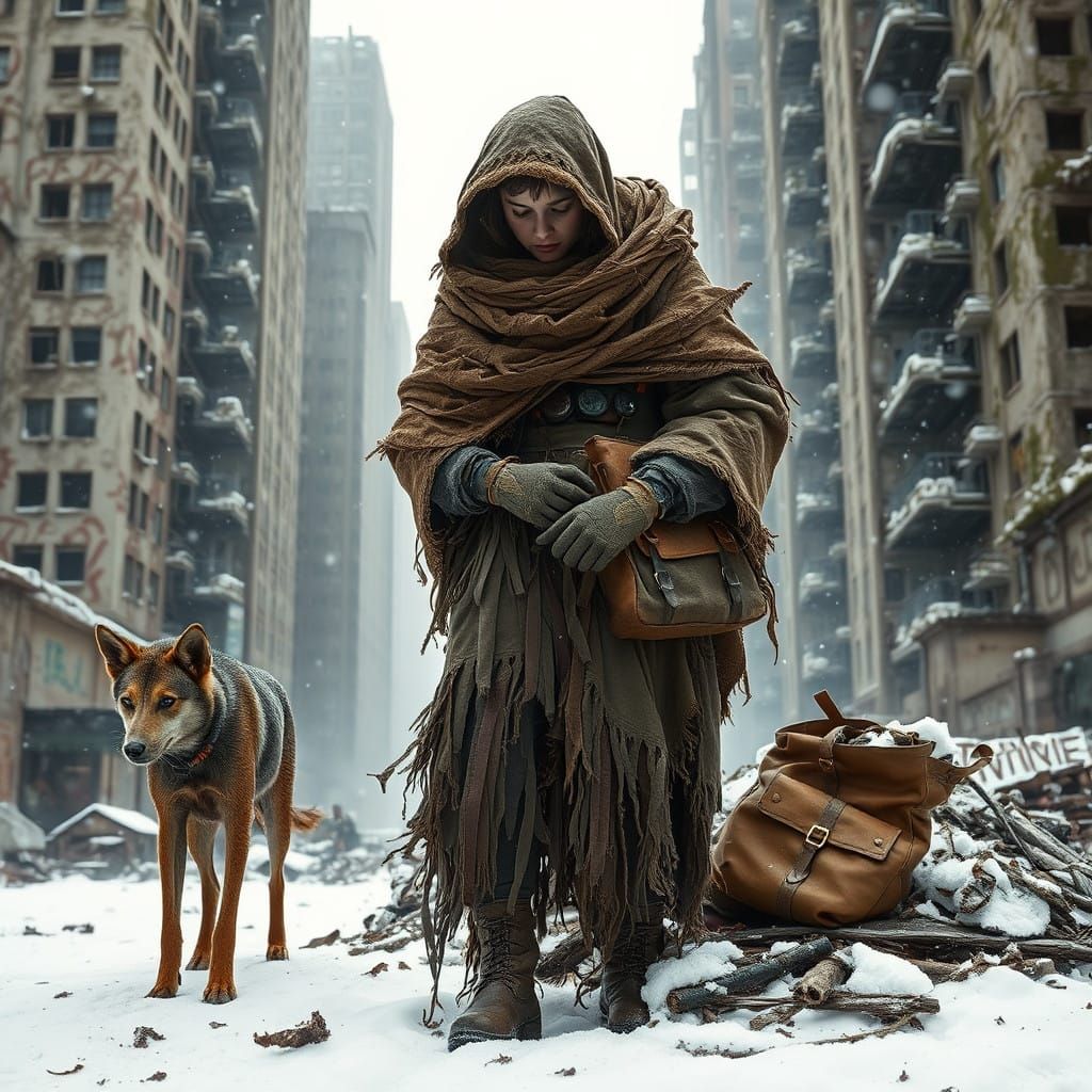 Post-Apocalyptic Survivor in Furry Canine Companion's Presen...
