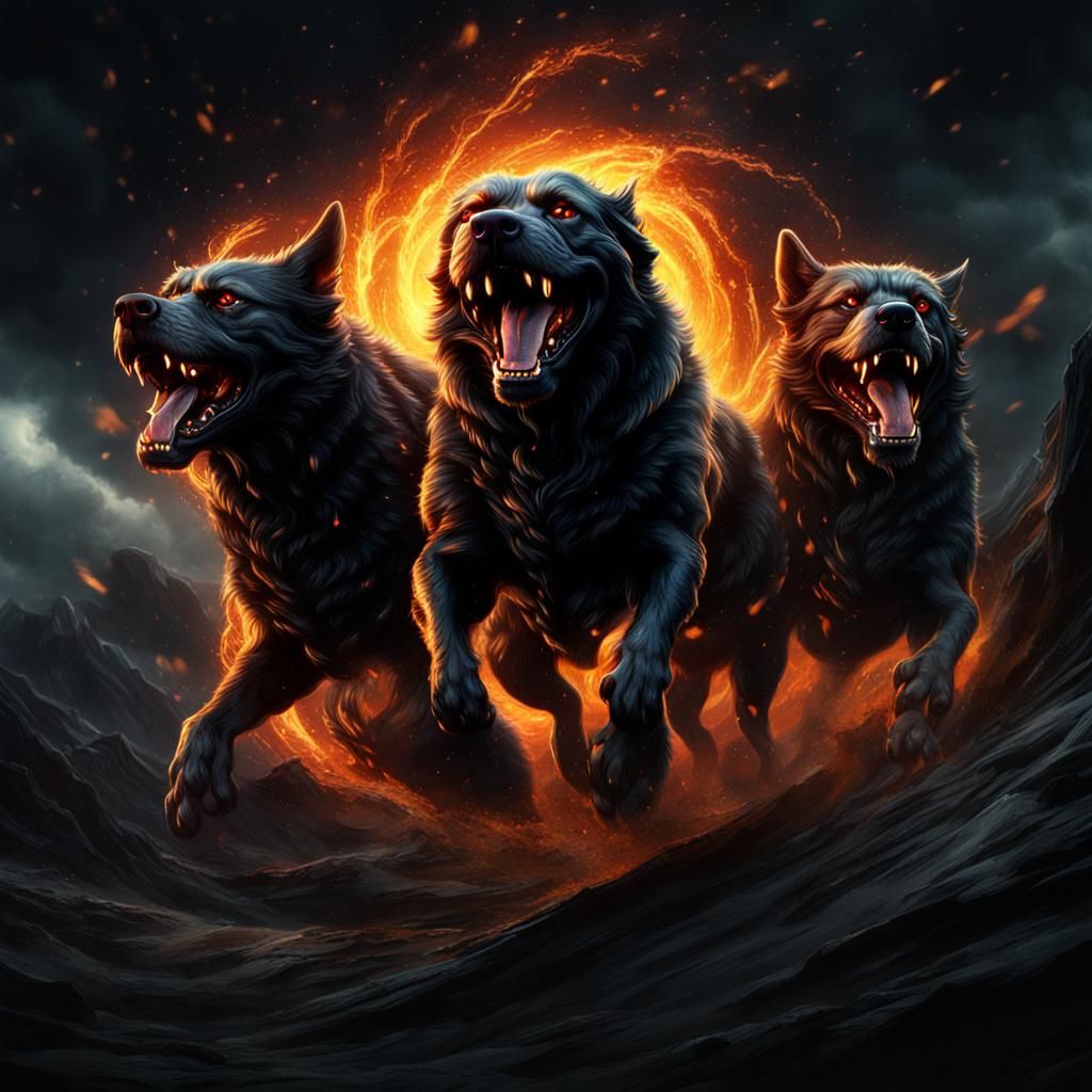 Realistic Cerberus with Glowing Eyes in Vortex