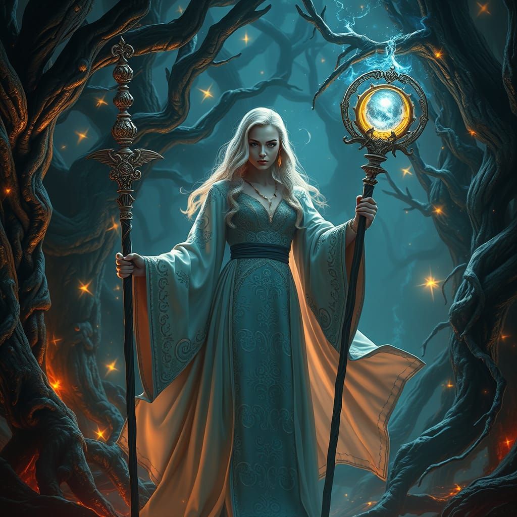 Celestial Sorceress in Mystical Grove: Dark Fantasy Art