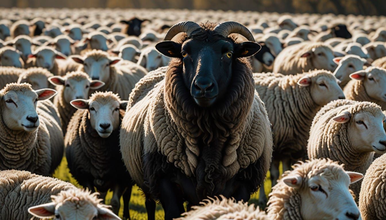 Serenely Standing: A Dark Sheep Amidst a White Flock in Warm...
