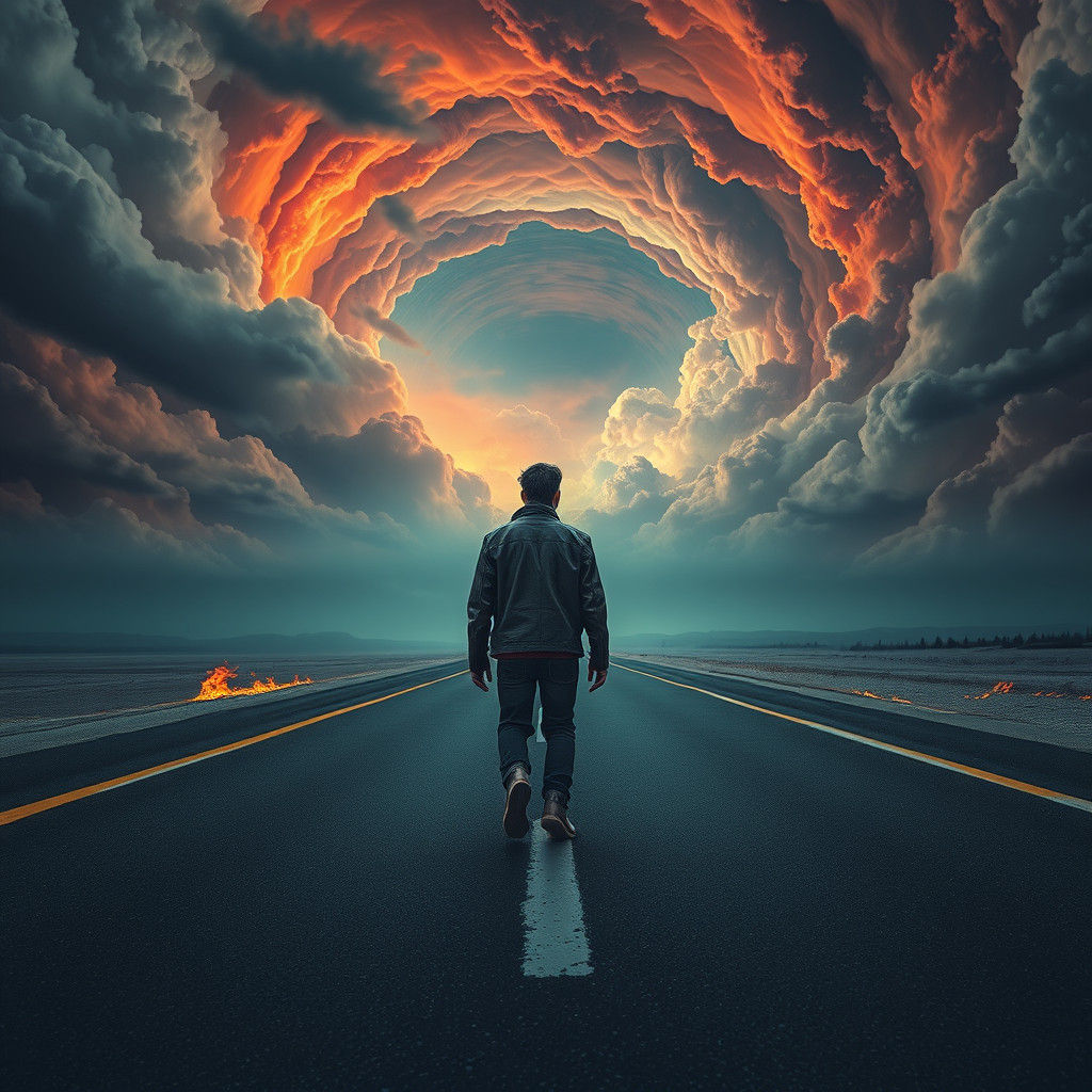 Lonely Figure on Desolate Highway in Surreal Dreamscape