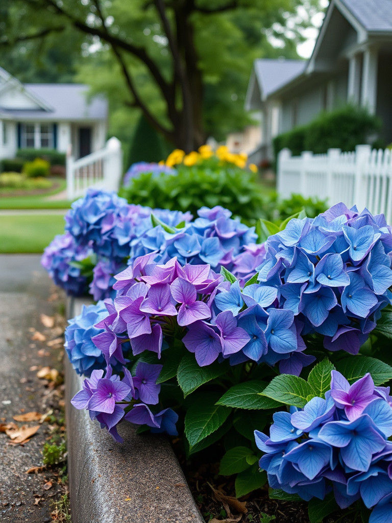 Lush Blue and Purple Hydrangeas in Dappled Sunlight
