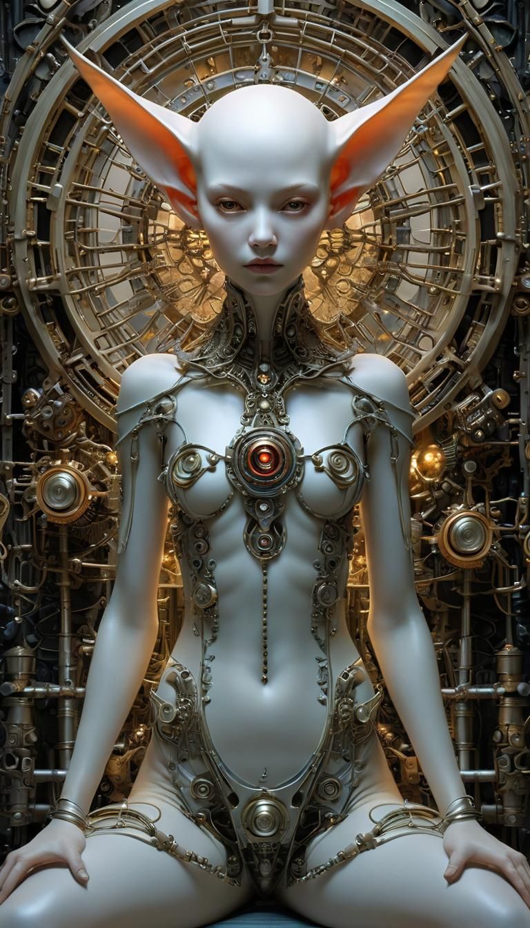 Cybernetic Elf in Moebius-Inspired Electrical Landscape