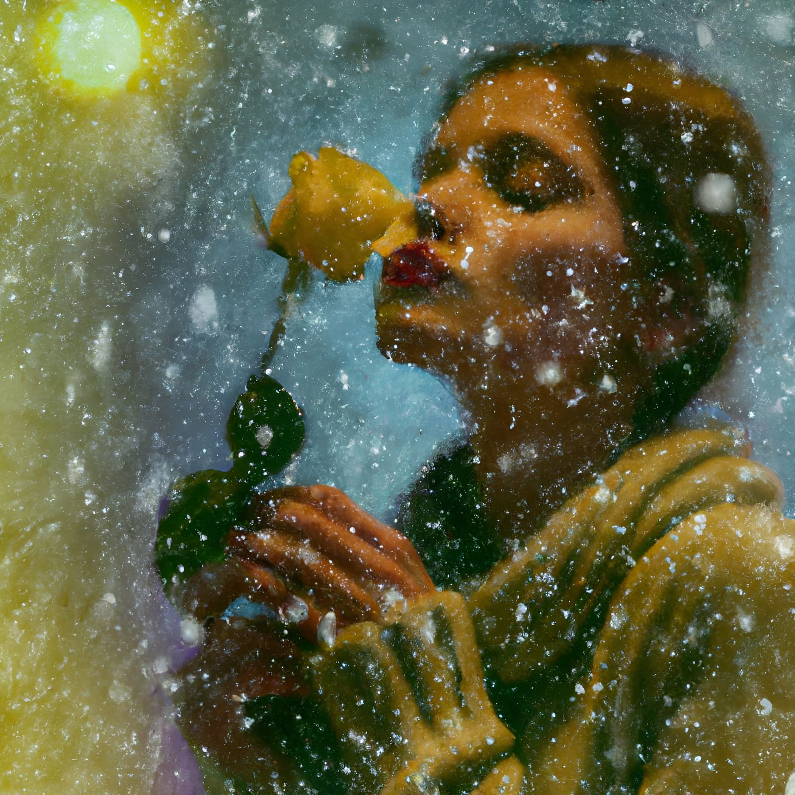 Impressionist Girl with Flower in Falling Snow