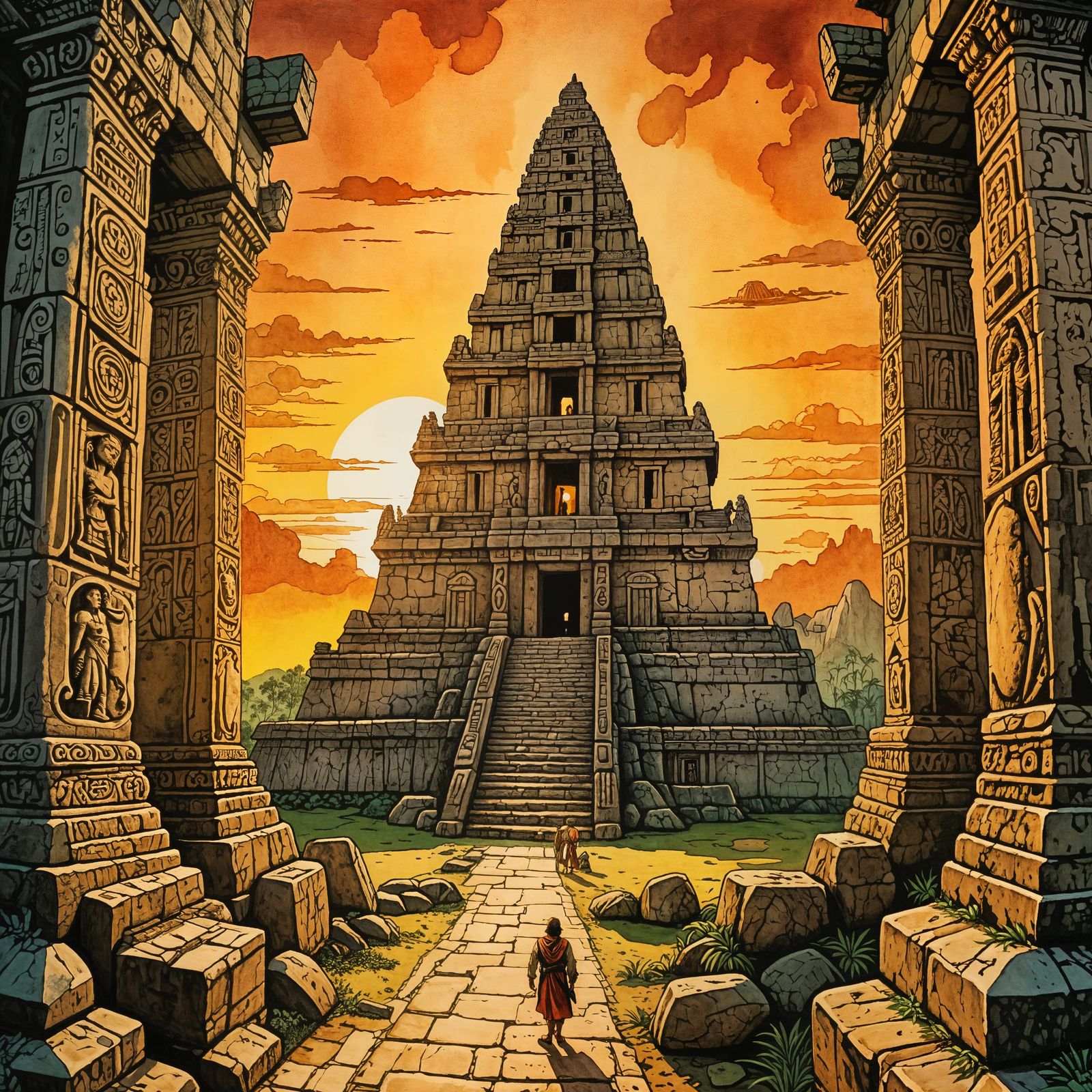 Explorer Approaching Mayan Temple at Sunset