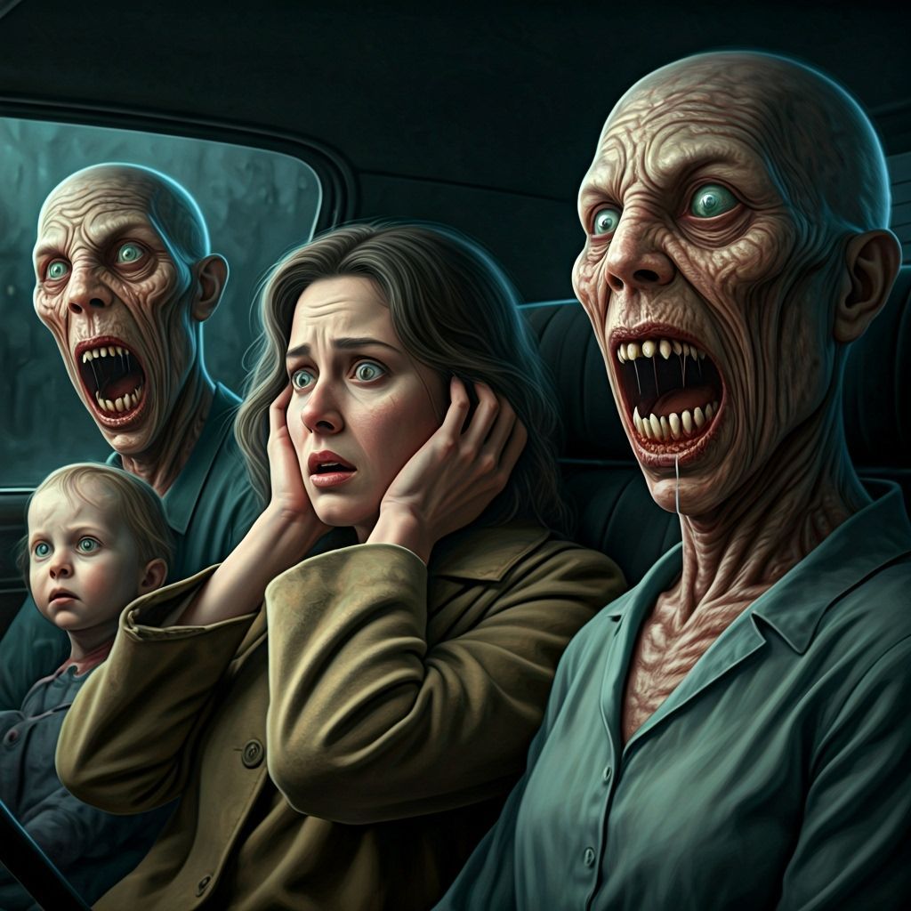 Terrified Woman in Car Beside Grotesque Family