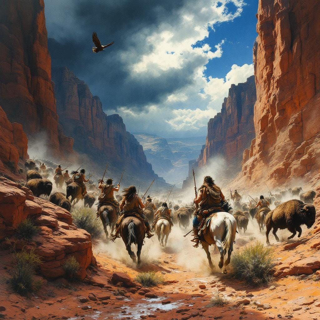 Bison Hunt in Gouache Style