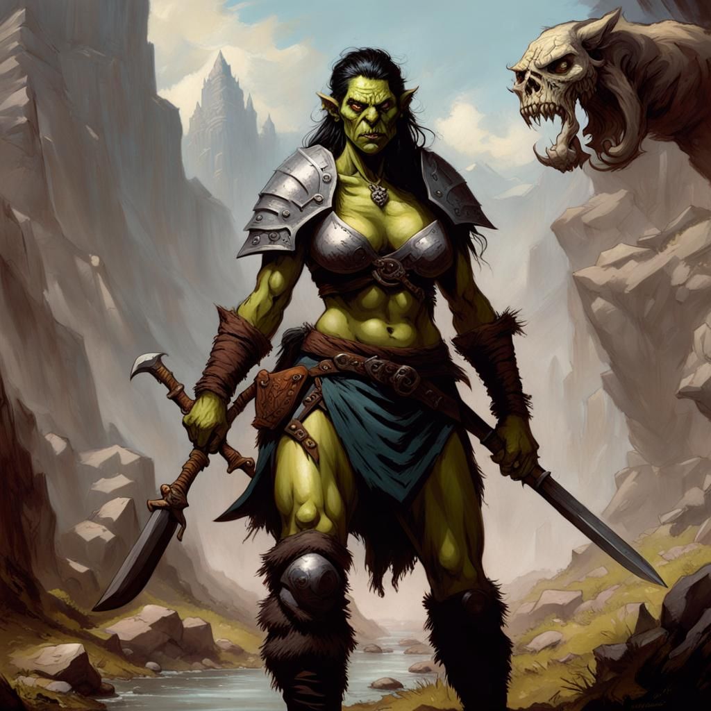 Female Half-Orc Barbarian with Falchion