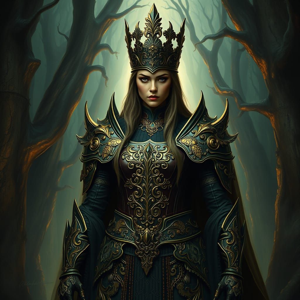 Regal Warrior Queen in Baroque Armor Amidst Glowing Trees