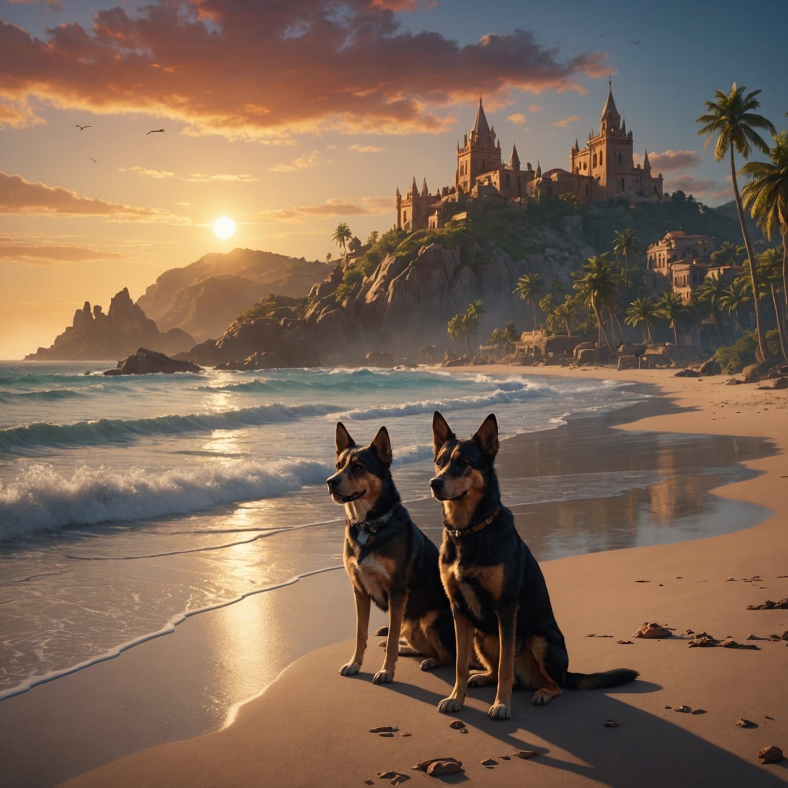 Beach Sunrise with Embracing Dogs: Fantasy Art