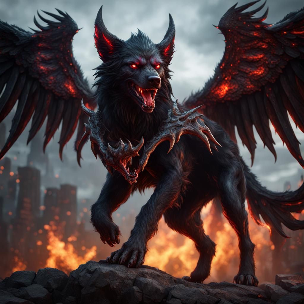 Demonic Hellhound with Black Angel Wings