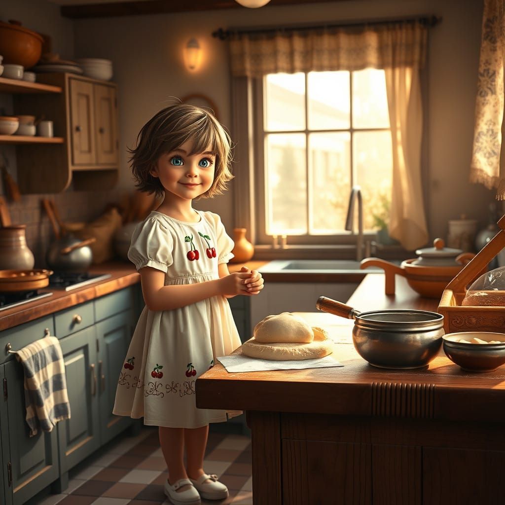 Whimsical Girl Bakes with Grandmother in Sunlit Kitchen