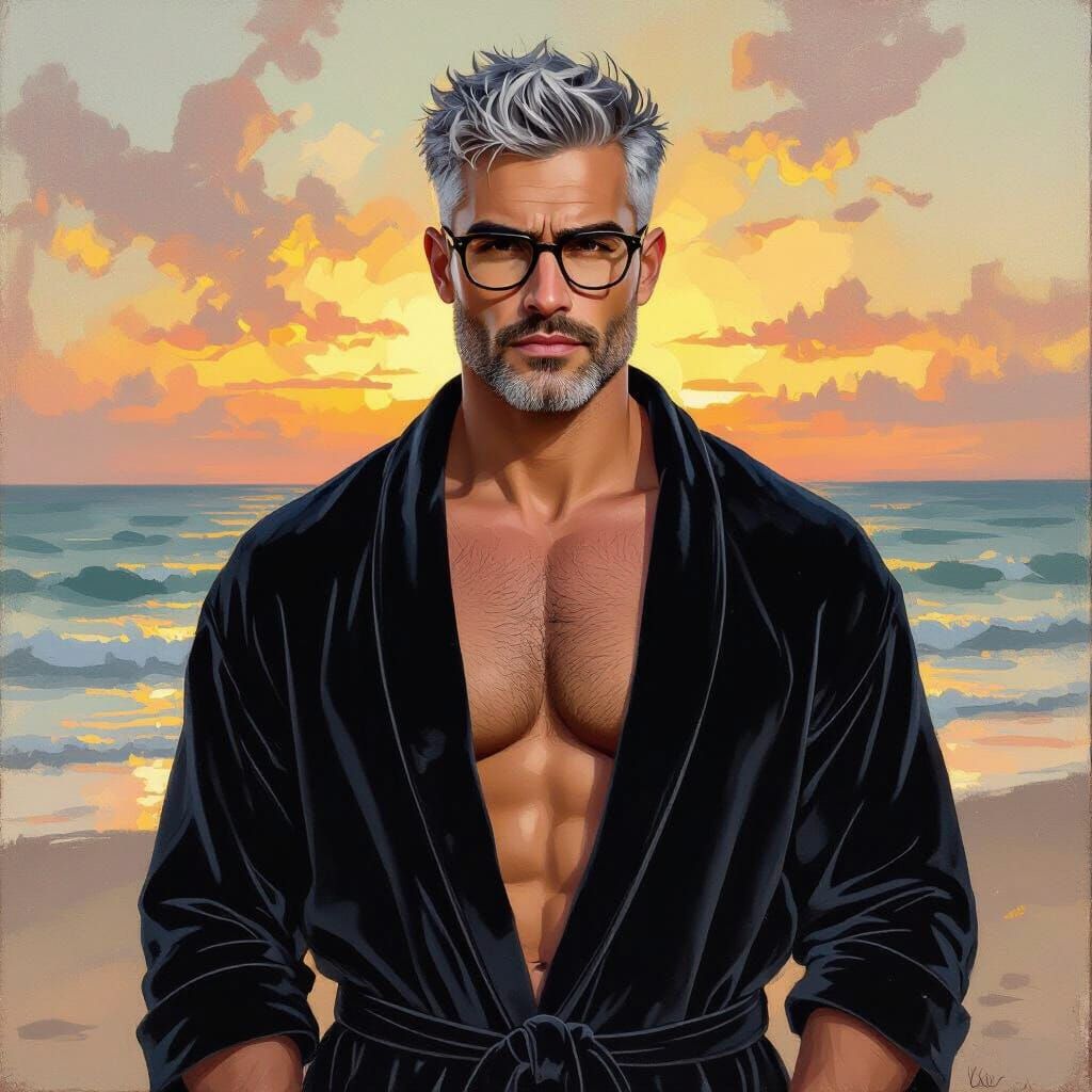 Wrathful Hunk on Beach, Impressionist Portrait Painting