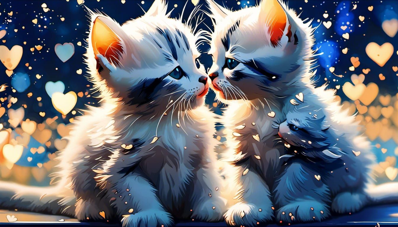 Constellation Kittens Kissing in Opalescent Love Garden