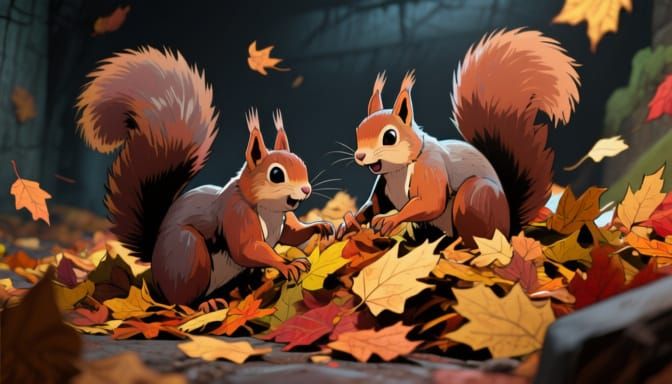 Squirrels Play In Autumn Leaves, Concept Art Style