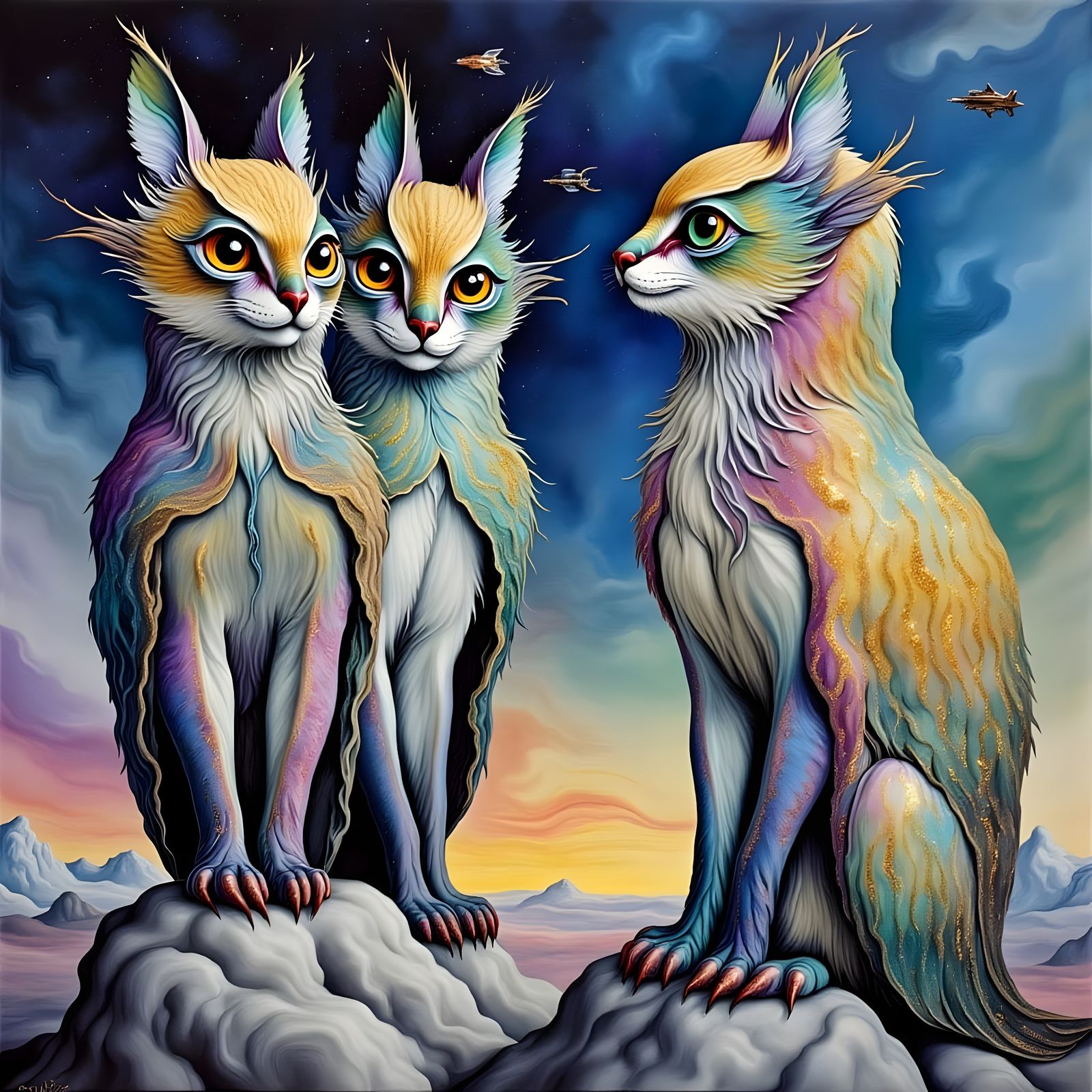 Surreal Alien Cats Watch Starships Over Ancient Monoliths in...