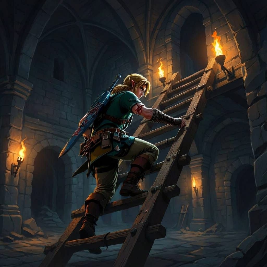 Hero Link Ascends Dungeon Ladder in Torchlit Darkness