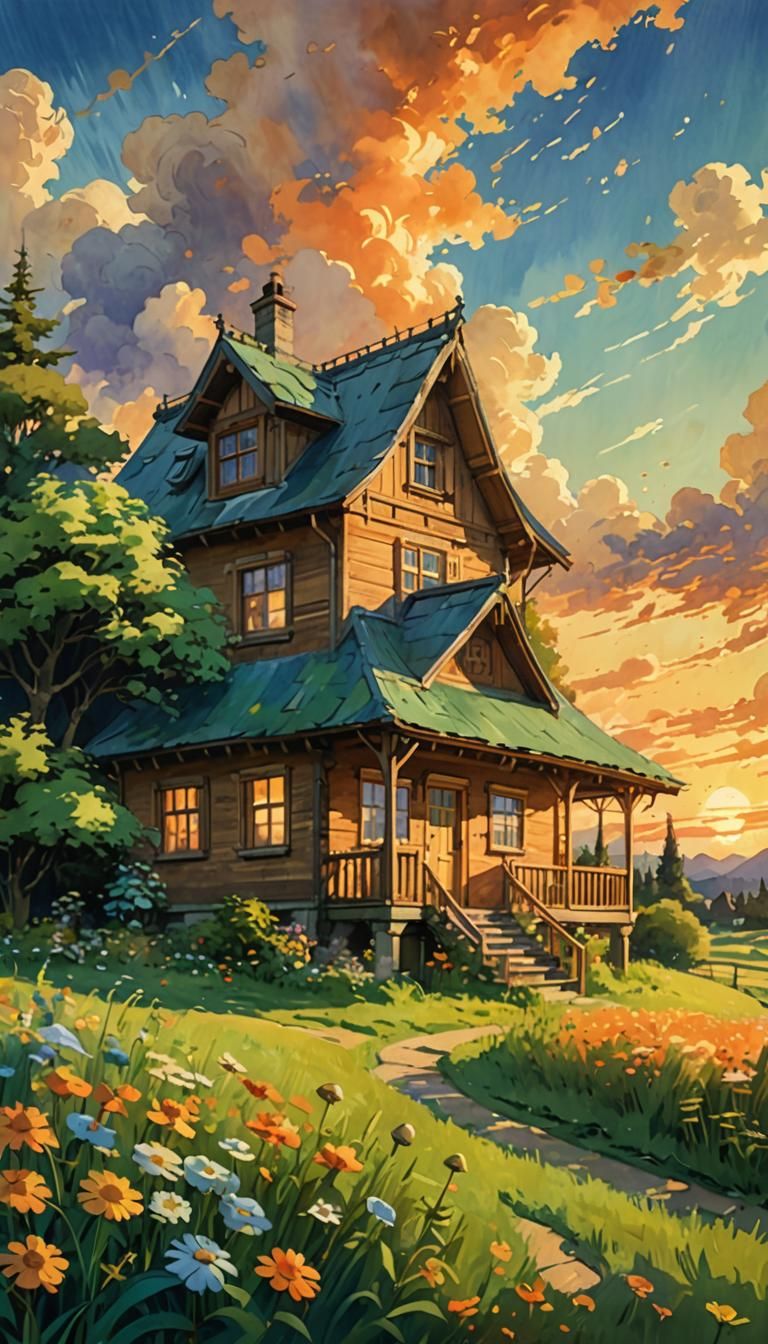 Cozy Meadow House in Studio Ghibli Style