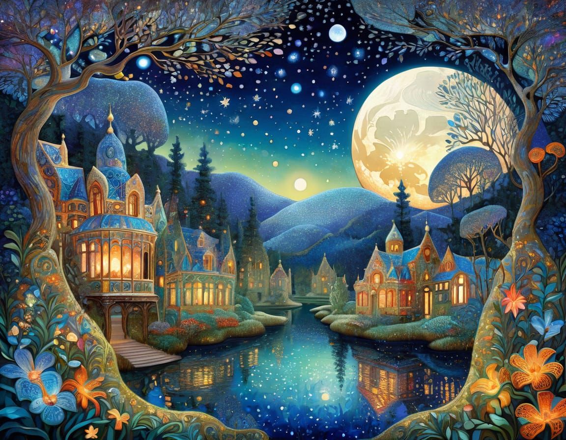 Klimt Crochet Moon in Snowy Rainforest Art Nouveau Style