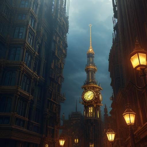 Girl with Clockwork Heart in Surreal City