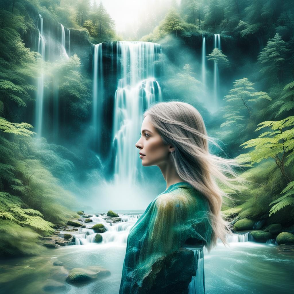 Ethereal Double Exposure: Woman, Waterfall, and Streams
