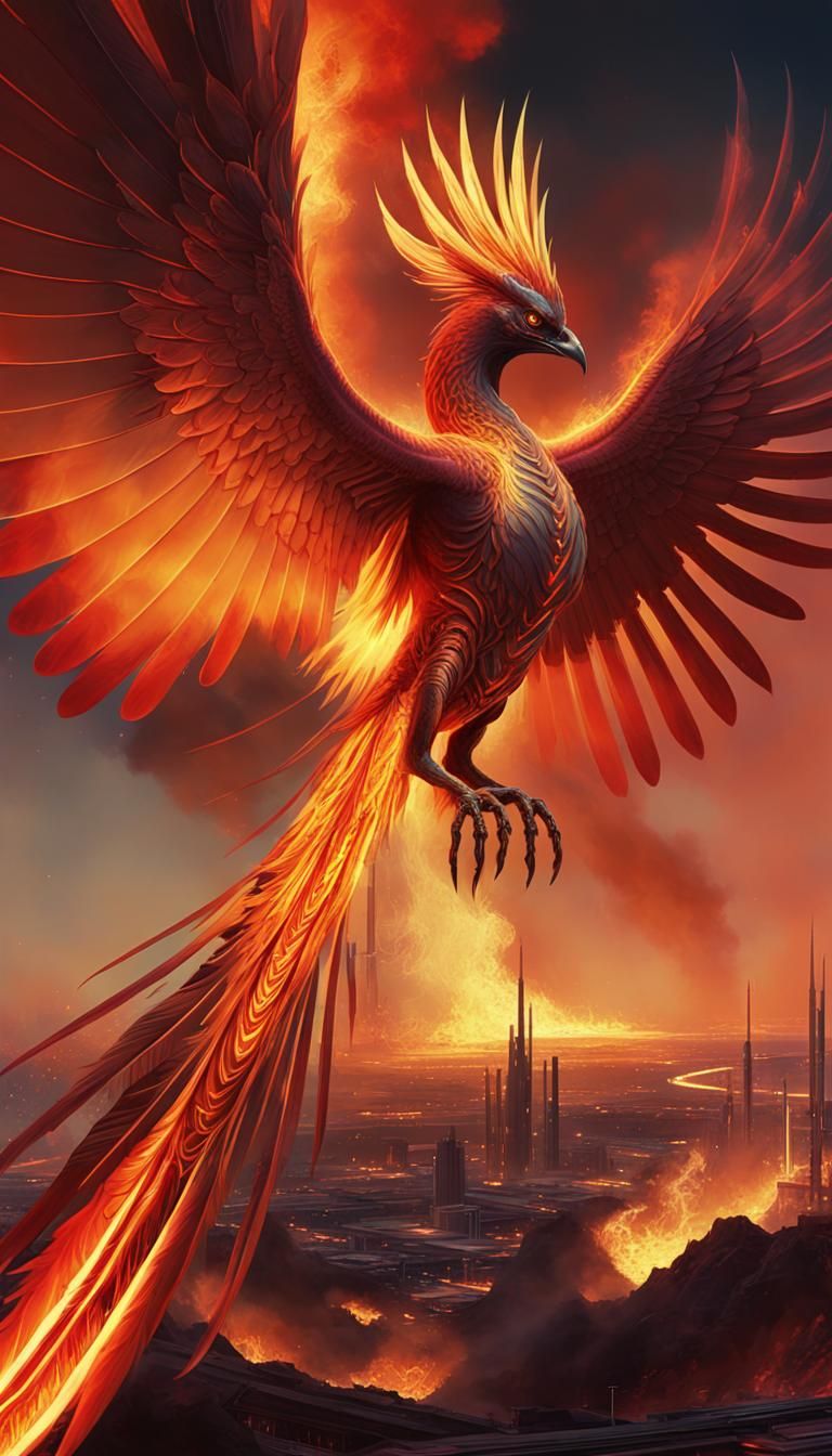 Phoenix in Burning Sky: Retro-Futuristic Digital Art