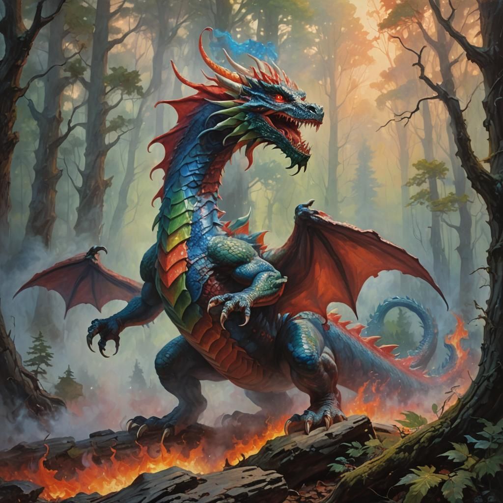 Fiery Dragon Emerges from Forest, Oil Painting
