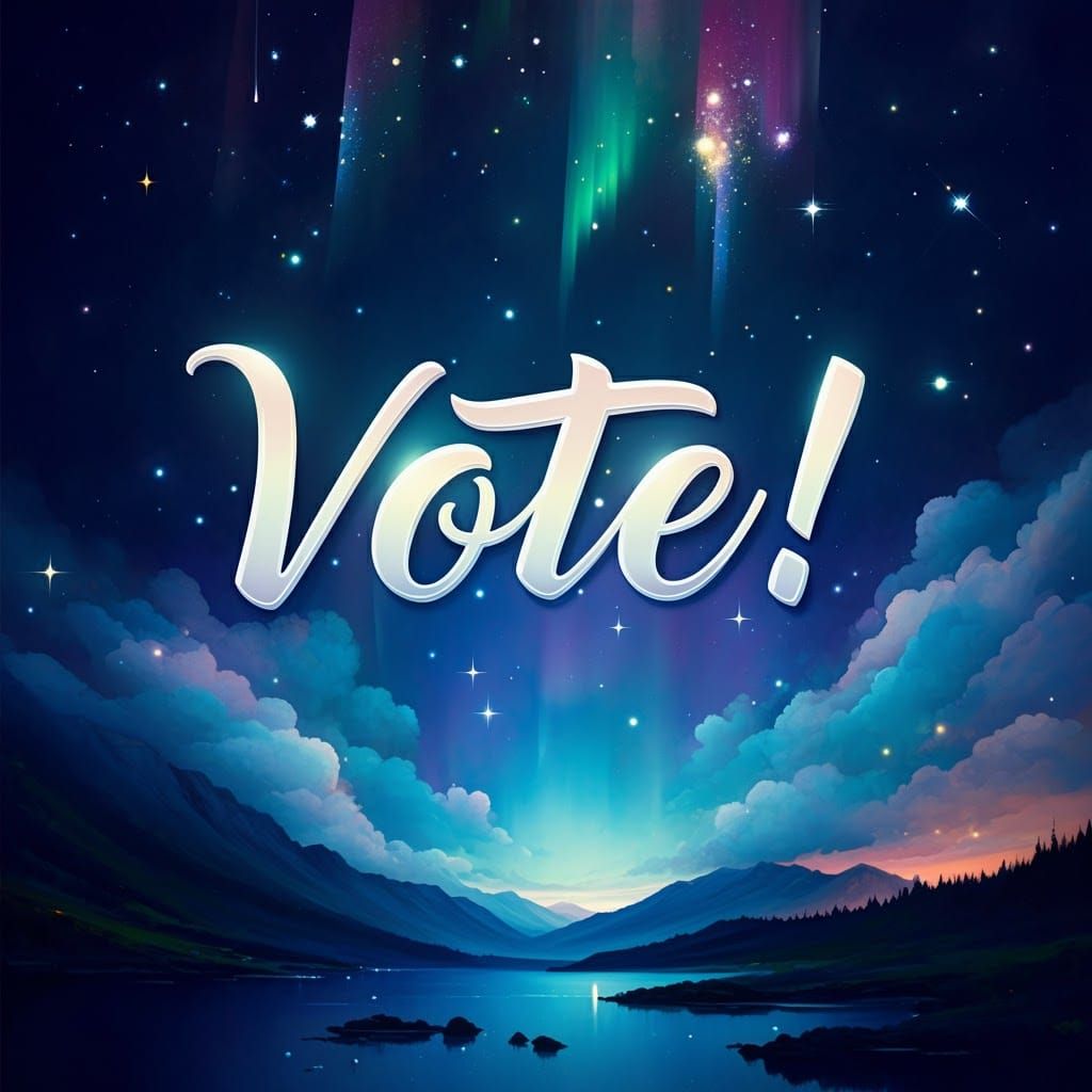 close up cute adorable ethereal big white text “VOTE!” in ca...