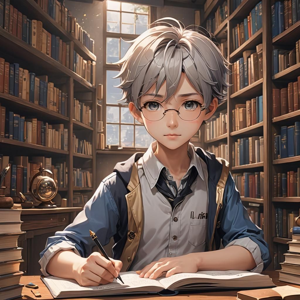 Anime Style Book Cover Art: Boy Writing