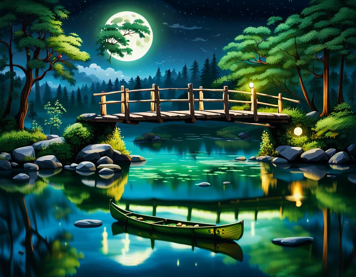 Serene Moonlit Bridge with Canoe and Fireflies