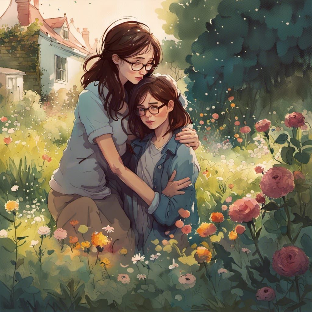 Loving Woman Comforts Child in Garden Watercolor