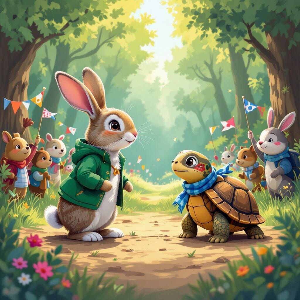 Tortoise and Hare Race in Whimsical Forest Style
