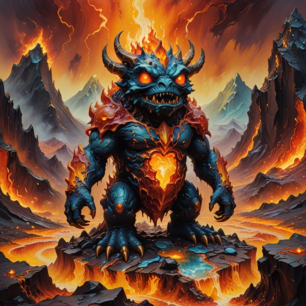 Surreal Monster on Magma Mountain: Oil Painting
