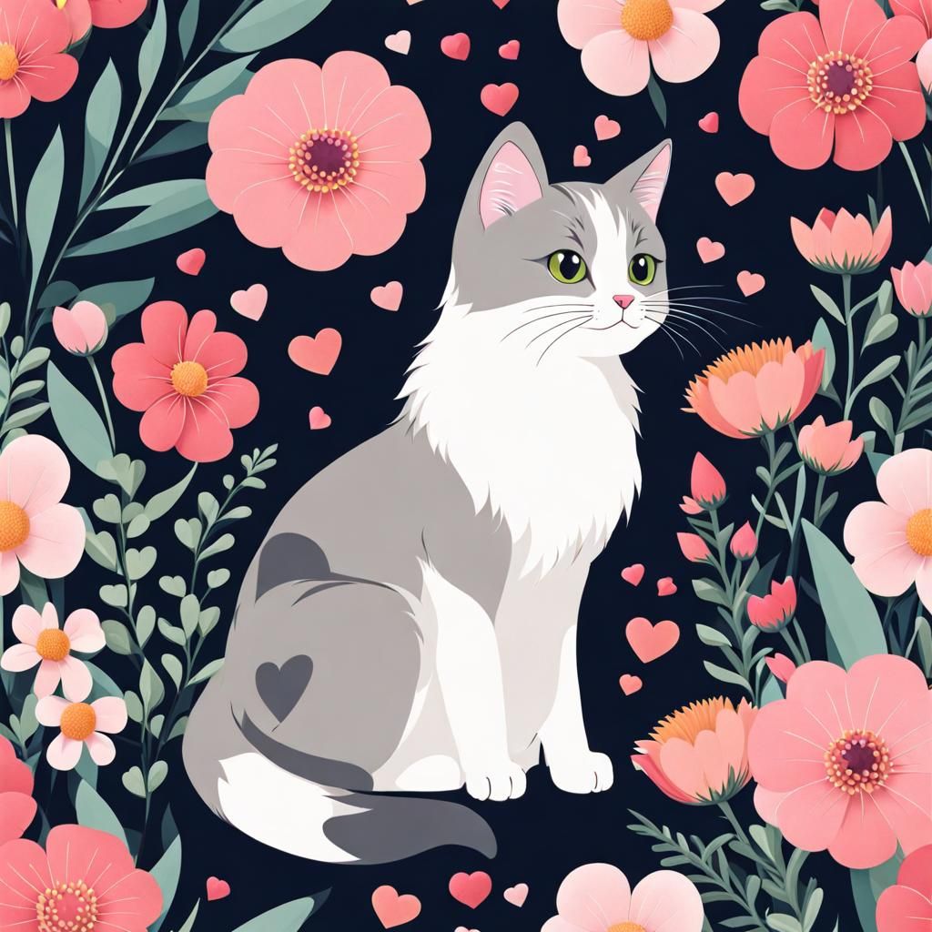 Cute Cat Surrounded by Flowers in Naive Art Style