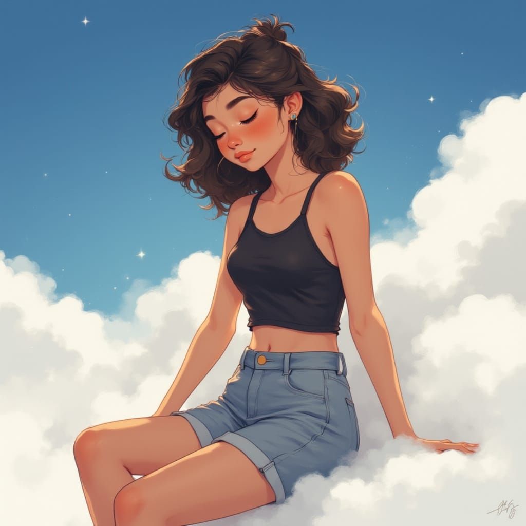 Stylized Young Woman on Cloud in High Contrast