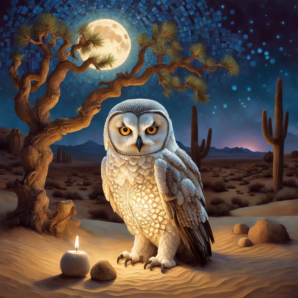Moonlit Desert Masterpiece with Clockwork Owl and Solitary T...