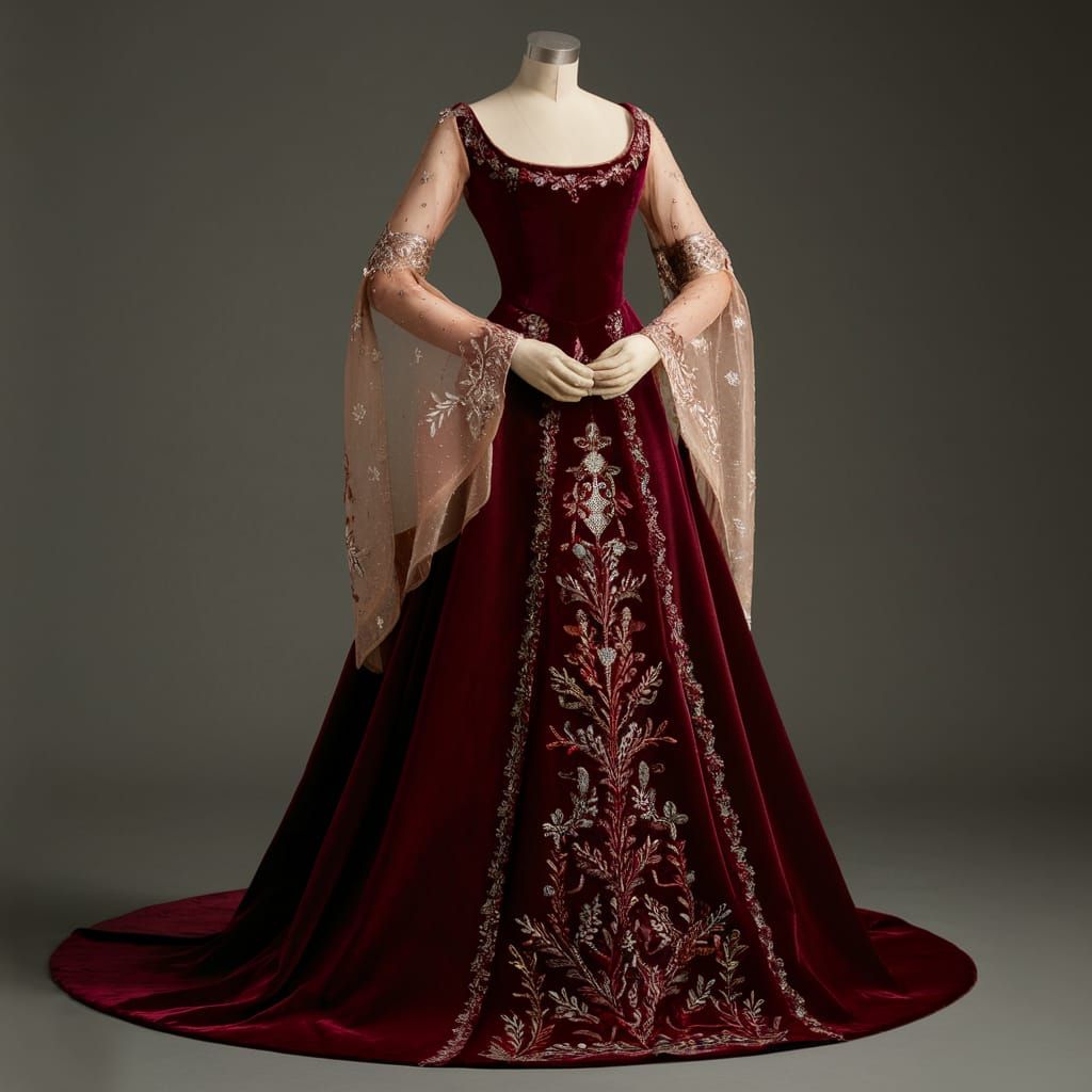 Wine Red Medieval Gown with Sheer Sleeves