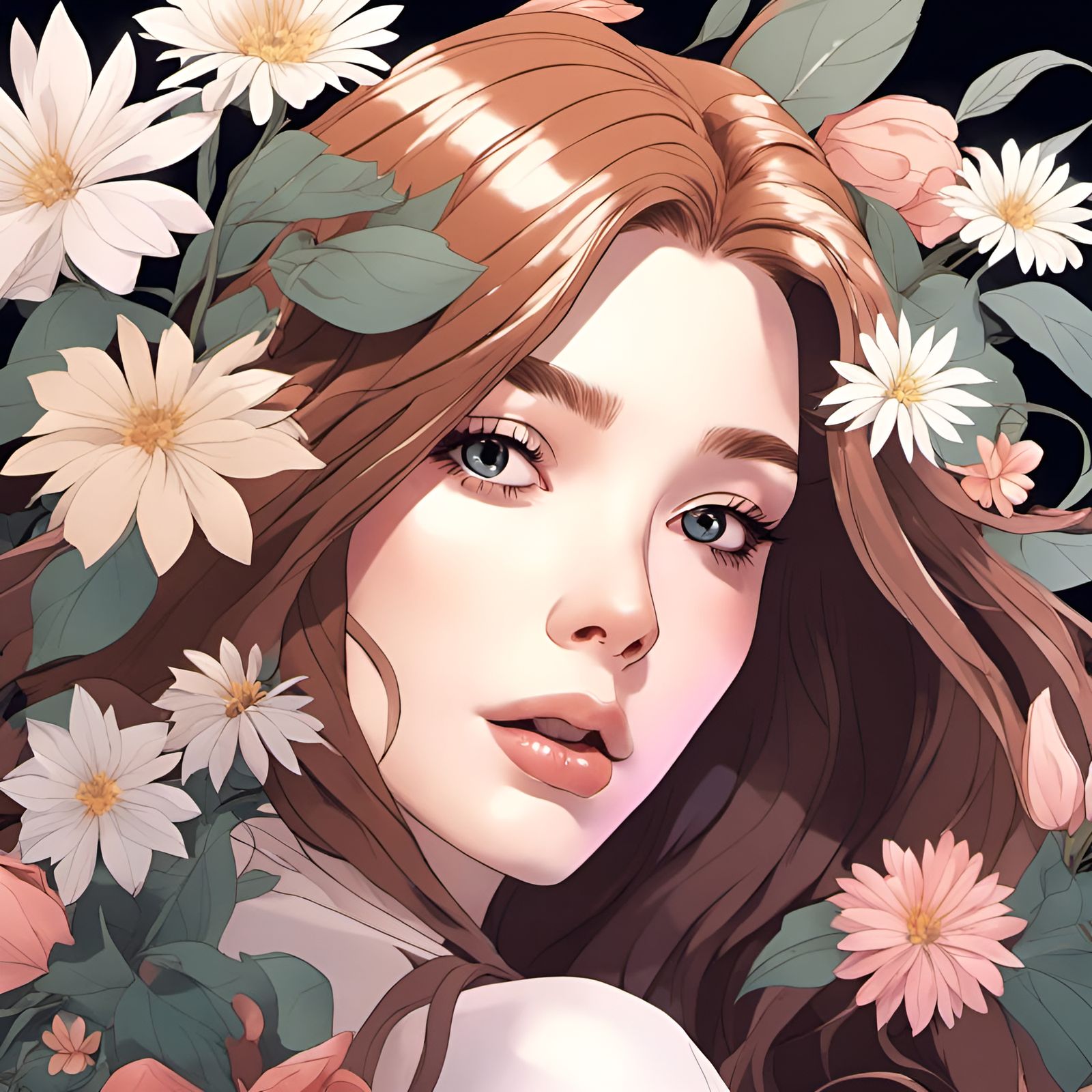Anime Woman in Flowers, Hyperrealistic Style