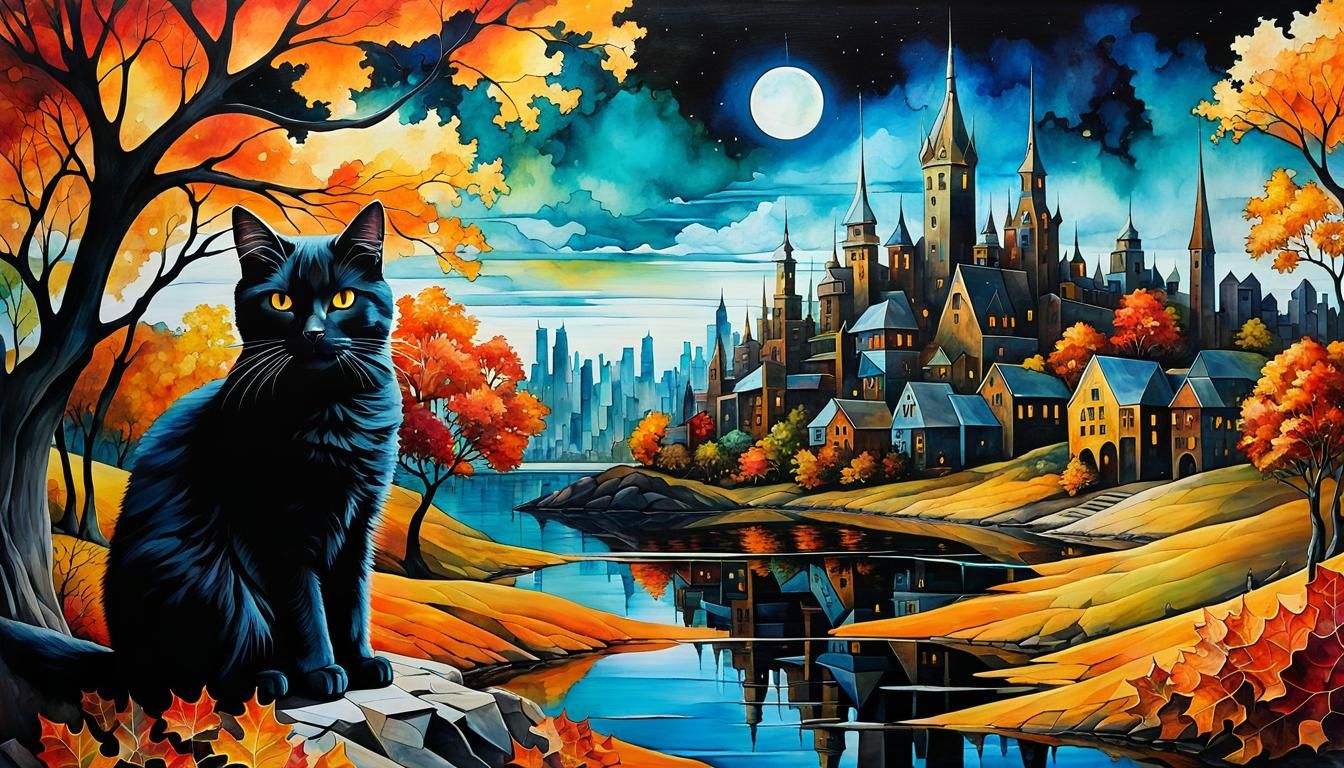 Surreal Retropunk Cityscape with Cat and Pumpkin